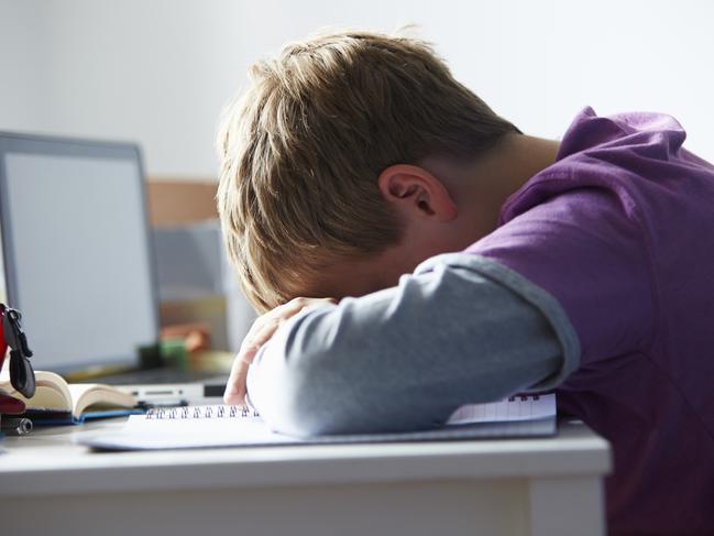 Tired Boy Studying In Bedroom