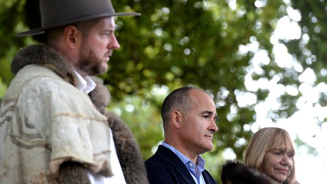 Deputy Premier James Merlino with Marcus Stewart (left) and Auntie Geraldine Atkinson (right) at Coranderrk at Healesville for the launch of the Victorian Government's Truth and Justice Commission. Picture: Andrew Henshaw/NCA NewsWire.