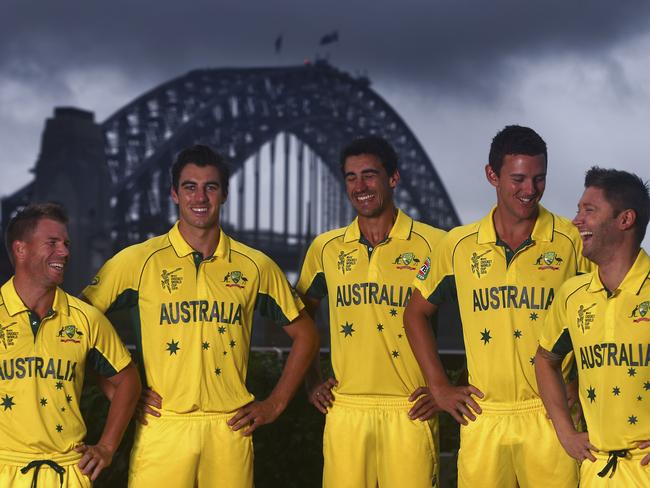 David Warner, Pat Cummins, Mitchell Starc, Josh Hazlewood, Michael Clarke pose during the Australian 2015 Cricket World Cup squad announcement at the Museum of Contemporary Art. Photo by Ryan Pierse.