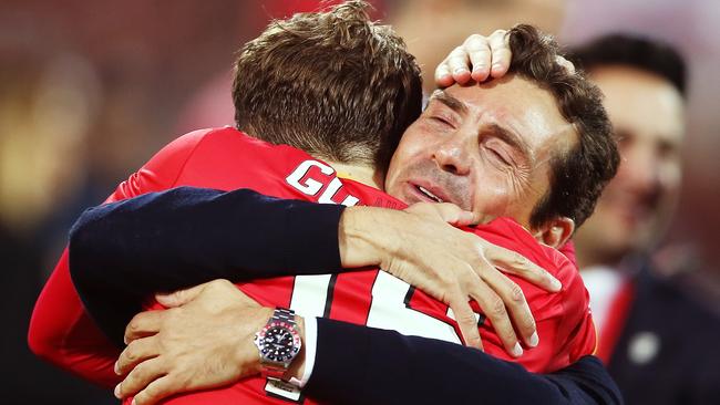 Adelaide United coach Guillermo Amor celebrates with Craig Goodwin after the Reds won the A-League grand final. Picture: Morne de Klerk (Getty Images)