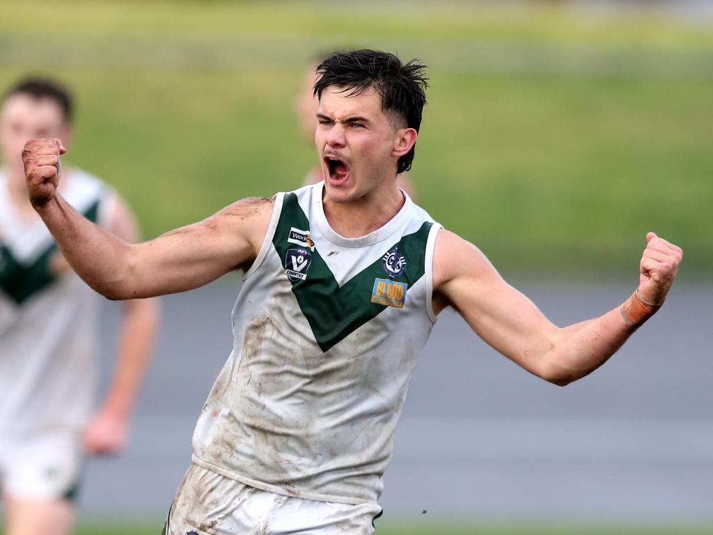 Bell Park's Jack Sarcevic celebrates a goal in last year’s GFNL elimination final. Picture: Mike Dugdale