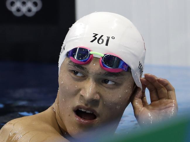 China's Sun Yang rests after a men's 1500-meter freestyle heat during the swimming competitions at the 2016 Summer Olympics, Friday, Aug. 12, 2016, in Rio de Janeiro, Brazil. (AP Photo/Natacha Pisarenko)