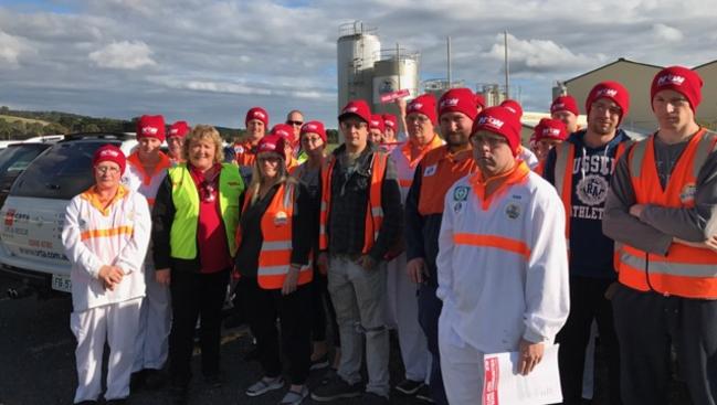 Union representatives and workers outside Murray Goulburn’s Edith creek factory. Picture: HELEN KEMPTON