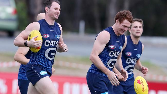 Patrick Dangerfield and Gary Rohan at training this week. Picture: Sarah Reed