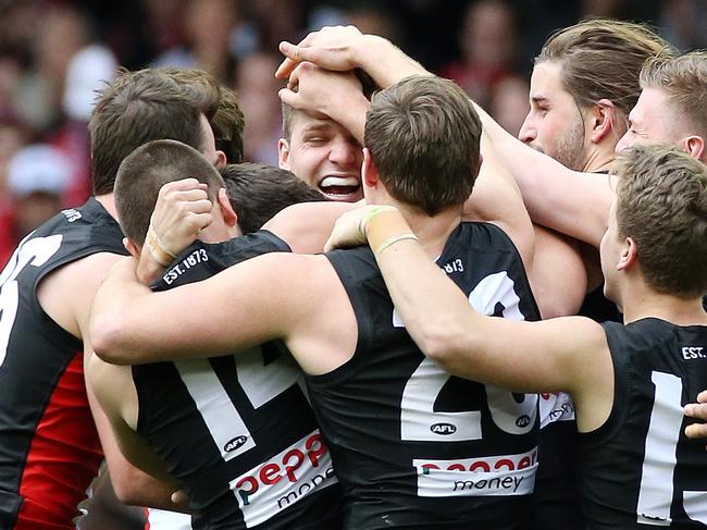 St Kilda's Brandon White celebrates his first AFL goal. Picture: George Salpigtidis