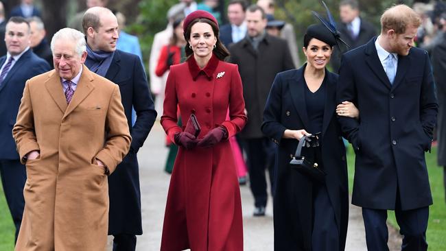 Charles, Prince William, Catherine, and Meghan and Prince Harry arrive for the Royal Family's traditional Christmas Day service at St Mary Magdalene Church in Sandringham, Norfolk.