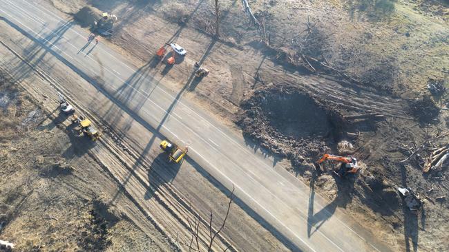 Recovery works taking place on the Bruce Highway where an ammonium nitrate truck exploded near Bororen. Photo: TMR