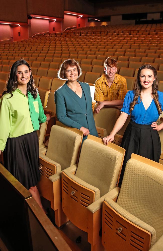 Professor Carolyn Evans with musical theatre students from Griffith University, Charlotte Page, Jack Ingram and Jacqui Dwyer. Picture: Zak Simmonds