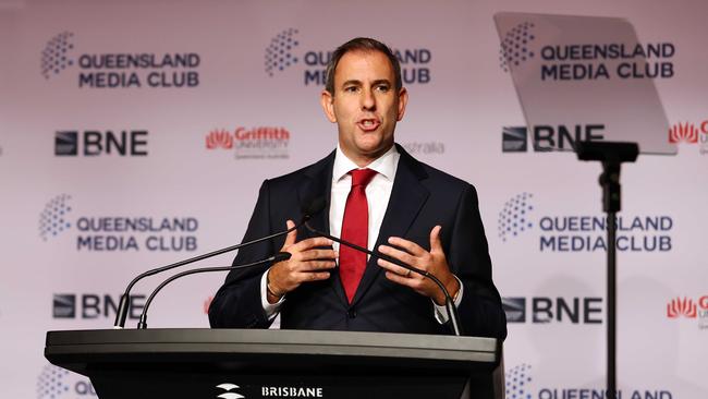 Treasurer Jim Chalmers MP during his pre-budget address in Brisbane, in which he said his preference was not to increase federal funding for the Brisbane 2032 Olympics. Picture: Tertius Pickard/NewsWire