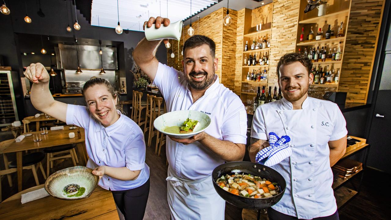 Lauren Kinne, Dan Arnold and Stuart Chant at Restaurant Dan Arnold in Fortitude Valley. Picture: Nigel Hallett