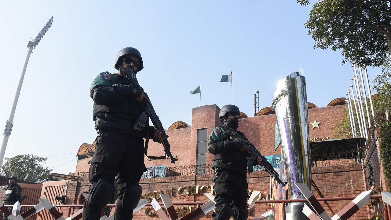 Security personnel stand guard ahead of the start of a Pakistan Super League (PSL) Twenty20 cricket match in Lahore.