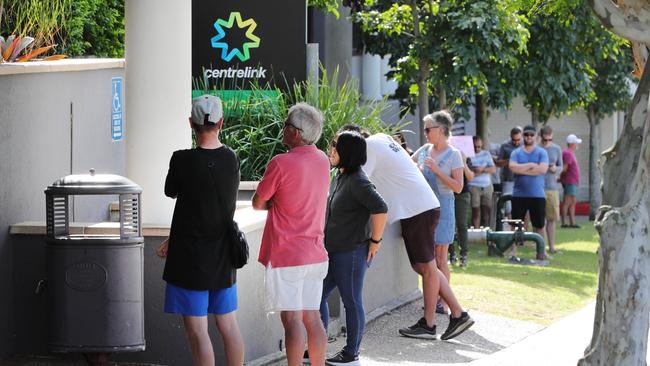 The queue outside the Centrelink office in Southport on Queensland’s Gold Coast. Picture Glenn Hampson