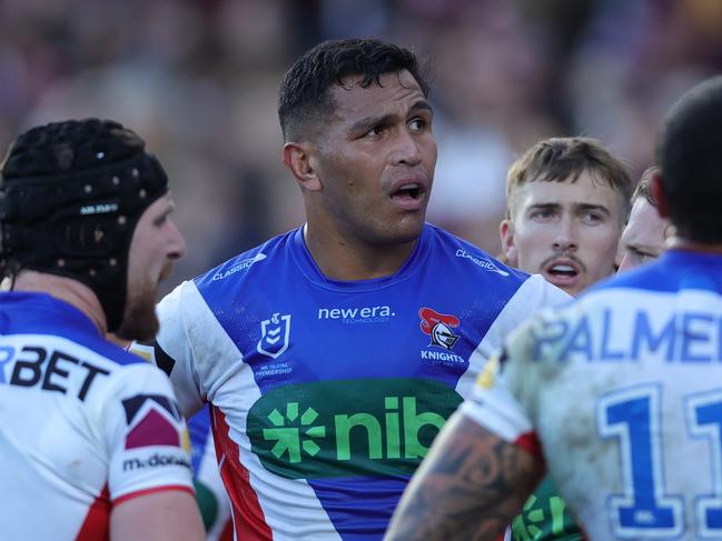 SYDNEY, AUSTRALIA - JULY 14: Daniel Saifiti of the Knights looks on during the round 19 NRL match between Manly Sea Eagles and Newcastle Knights at 4 Pines Park on July 14, 2024 in Sydney, Australia. (Photo by Jason McCawley/Getty Images)