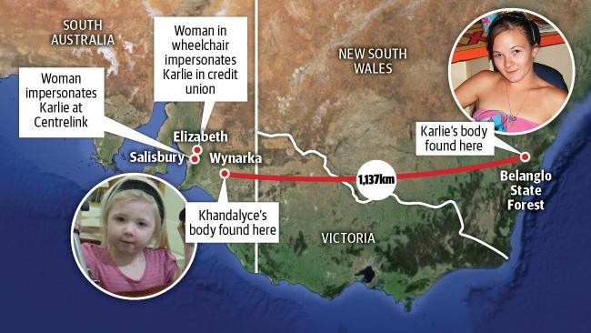 This map shows distance between where the bodies of Karlie Pearce-Stevenson and Khandalyce Pearce were discovered.