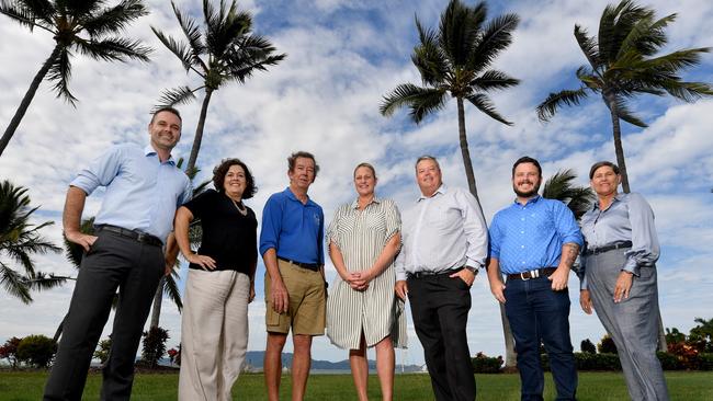 Townsville Adam Baillie, Thuringowa MP Natalie Marr, Townsville Sailing Club President John Byrne, Olympian and Councillor Suzy Batkovic, Member for Dawson Andrew Wilcox, Member for Herbert Phillip Thompson and Mundingburra MP Janelle Poole. on the Strand. Picture: Evan Morgan