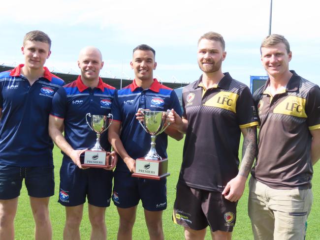 South Launceston reserves captain Niko Kruger with Bulldogs seniors co-captains Jay Blackberry and Grant Holt, and Longford seniors captain Kacey Curtis and reserves skipper Ben Murfett. Picture: Jon Tuxworth