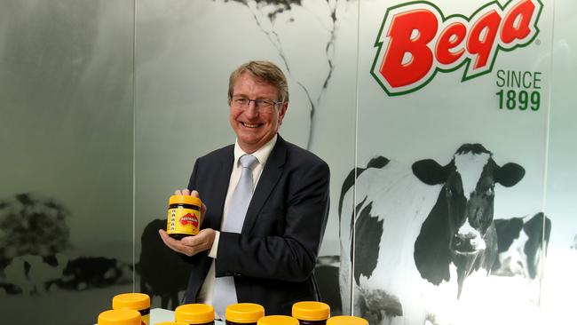 Bega boss Barry Irvin with Australian labelled Vegemite jars in Melbourne. Picture: Stuart McEvoy for the Australian.