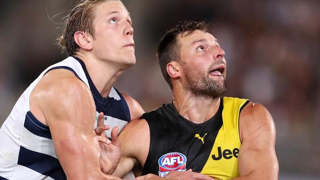 Toby Nankervis and Rhys Stanley square off in the Grand Final. Picture: Sarah Reed