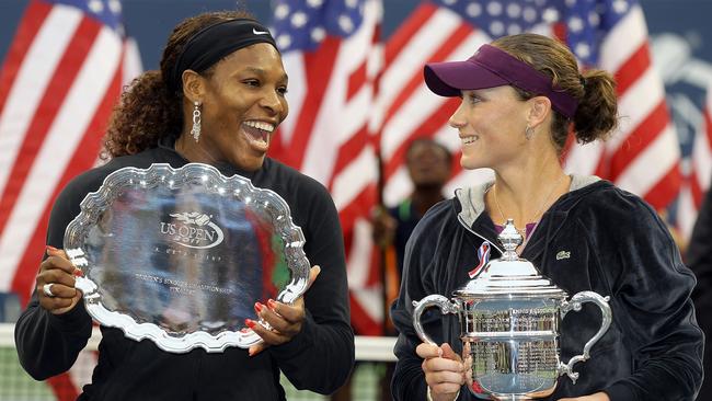 Sam Stosur, pictured with Serena Williams after the 2011 US Open singles final, will play her last singles match at next month’s Australian Open. Picture: AFP