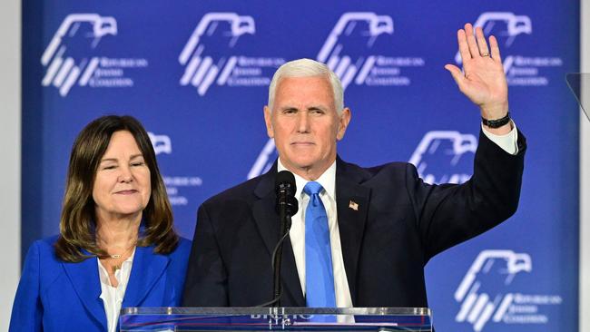 Former US vice president and Republican presidential candidate Mike Pence, with his wife Karen Pence. Picture: AFP