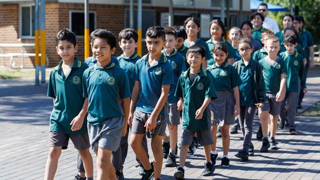 From Kindergarten to Year 6, all student walk to and from class in neat, silent lines with their teacher at the back. Picture: David Swift