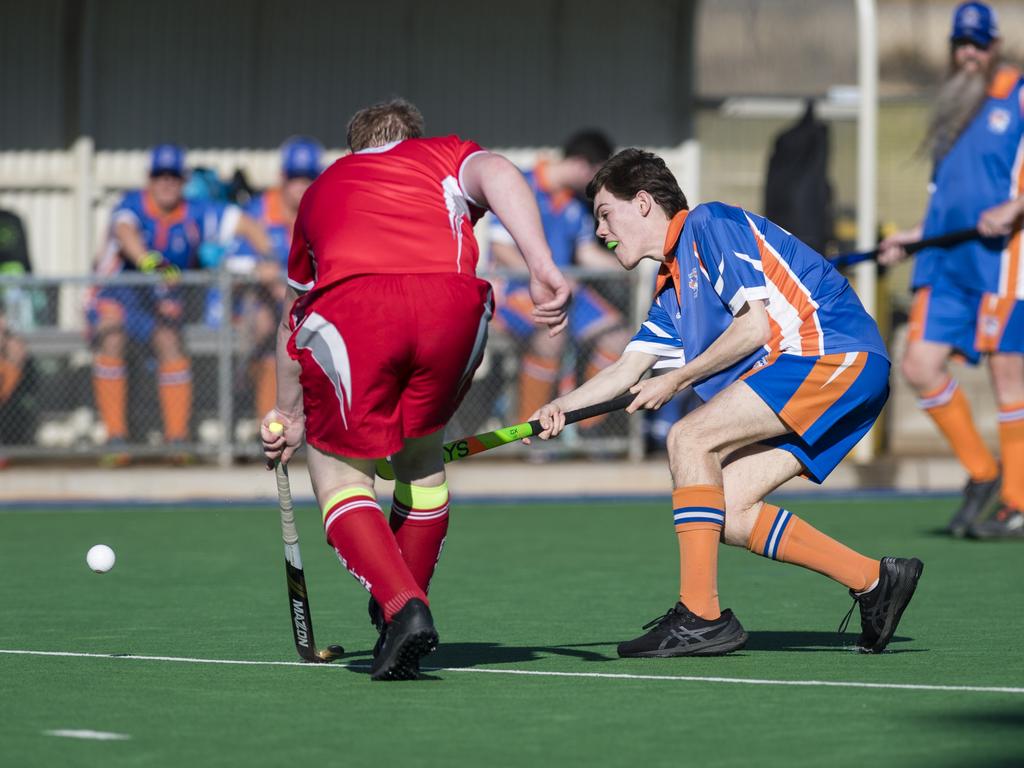 Alexander Eddie shoots for Newtown against Red Lion White in A4 men Presidents Cup hockey at Clyde Park, Saturday, May 27, 2023. Picture: Kevin Farmer