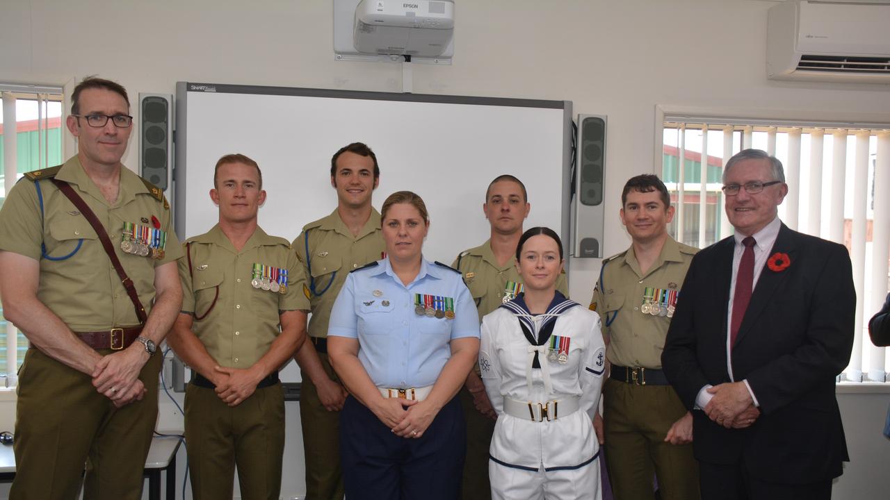 Major Craig Campbell and Mayor Keith Campbell with the OIC Catafalque Party members SGT Bradley Gillespie, CPL Melissa Rowell, CPL Jack Fife, CPL Christopher Maher, LS Mikalah Stewart and CPL Bryan Maunder at the 2019 Kingaroy Remembrance Day service at KSHS. (Photo: Jessica McGrath)