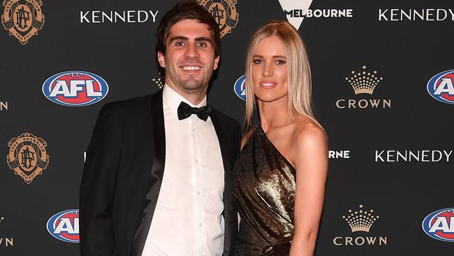 Andrew Gaff of the Eagles and Emma Van Woerden arrive at the 2019 Brownlow Medal. (AAP Image/Julian Smith)