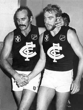 <p>12: ALEX JESAULENKO. Jesaulenko (R) and Carlton teammate Robert Kemp return to the sheds after a game in 1979, when Jesaulenko both captained and coached the team. In 1970 Jesaulenko became the first Carlton player to kick 100 goals in a season, and was part of the team that came back from 44-points behind to defeat Collingwood in the 1970 grand final.</p>