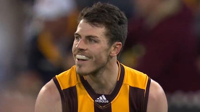 Isaac Smith smiles at umpire Dean Margetts. Picture: Channel 7