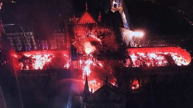 Aerial picture of the flames engulfing Notre Dame. Picture: Twitter.