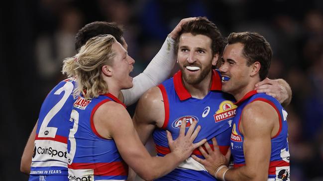 MELBOURNE, AUSTRALIA - AUGUST 02:  Marcus Bontempelli of the Bulldogs celebrates a goal during the round 21 AFL match between Footscray Football Club and Melbourne Demons at Marvel Stadium, on August 02, 2024, in Melbourne, Australia. (Photo by Darrian Traynor/Getty Images)