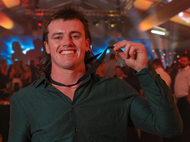 Nightcliff midfielder Dom Brew shows off his 2020-21 Nichols Medal after comfortably winning the prestigious award by 10 votes. Picture: Glenn Campbell