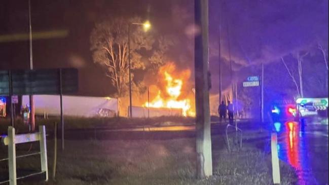 The fiery scene which involved two semi trailers – one carrying lithium batteries and the other watermelons.