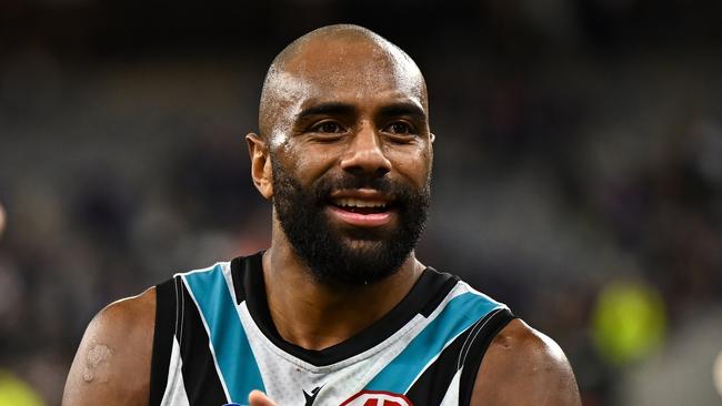 PERTH, AUSTRALIA - AUGUST 25: Esava Ratugolea of the Power is happy with the win during the 2024 AFL Round 24 match between the Fremantle Dockers and the Port Adelaide Power at Optus Stadium on August 25, 2024 in Perth, Australia. (Photo by Daniel Carson/AFL Photos via Getty Images)