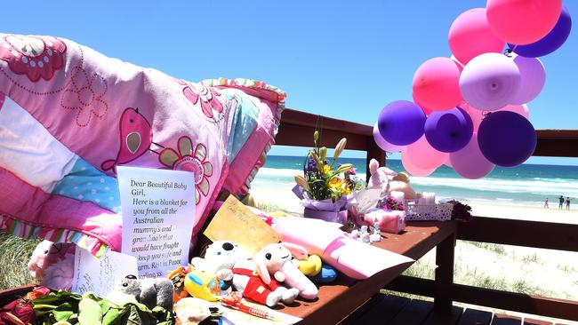 The memorial to the baby girl found dead on Surfers Paradise beach. Picture: AAP