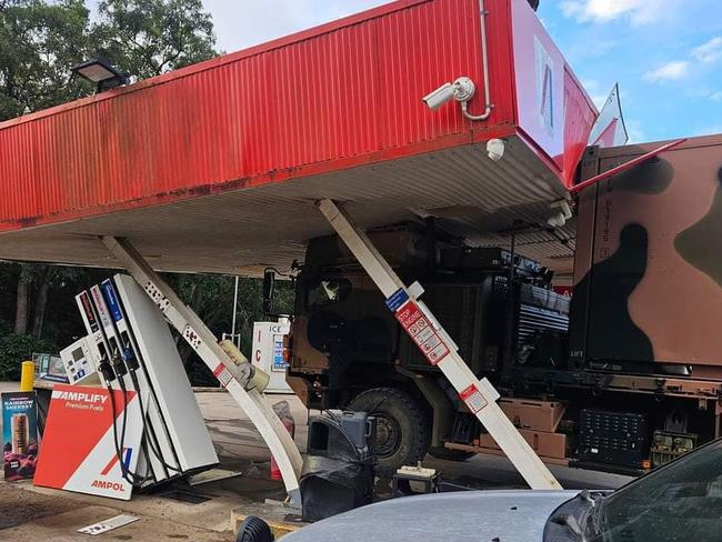 You didn’t need jetfuel to bend these steel beams, a monster-sized military vehicle tearing through the roof did the job just fine. Picture: Facebook