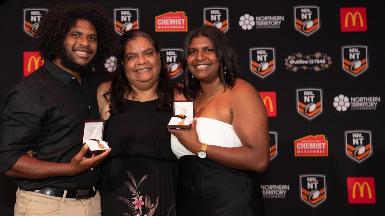 Caleb Niki, Margaret O'Brien and Ellie Niki at the 2023 NRL NT Frank Johnson / Gaynor Maggs medal night. Picture: Pema Tamang Pakhrin