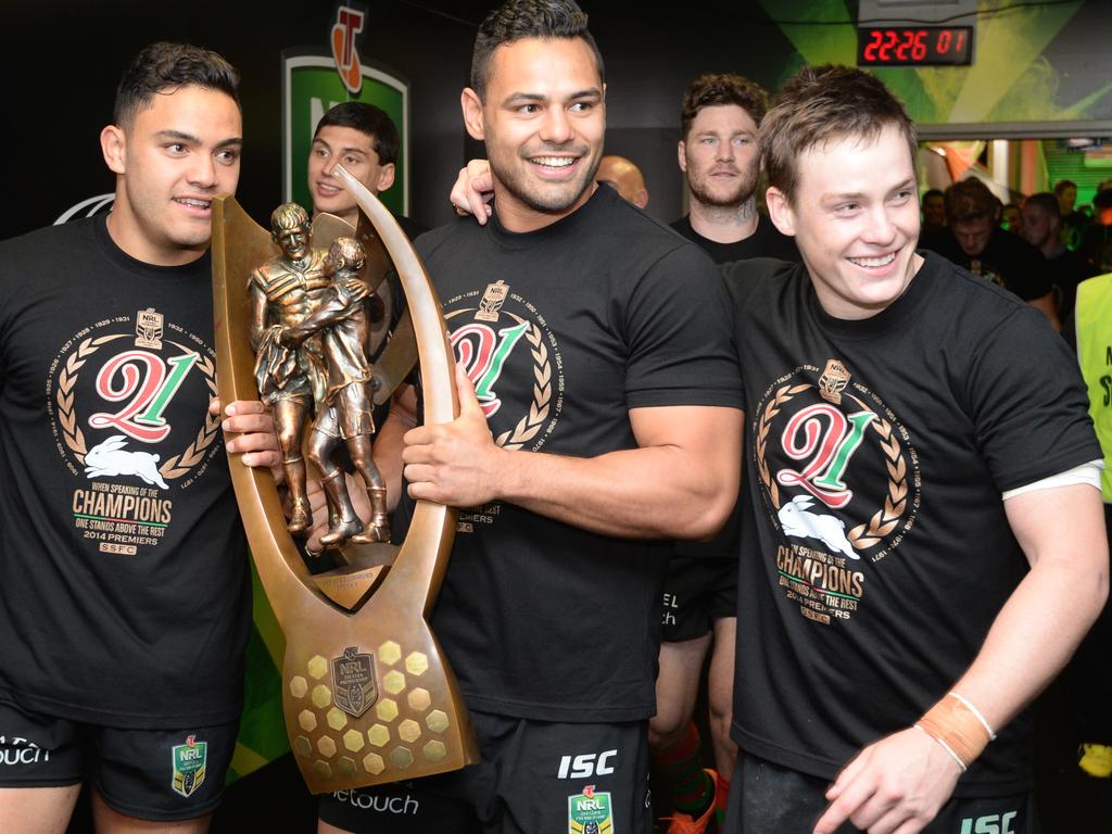 Dylan Walker, Ben Te'o and Luke Keary with the 2014 premiership trophy. Picture: AAP Image/Dean Lewins