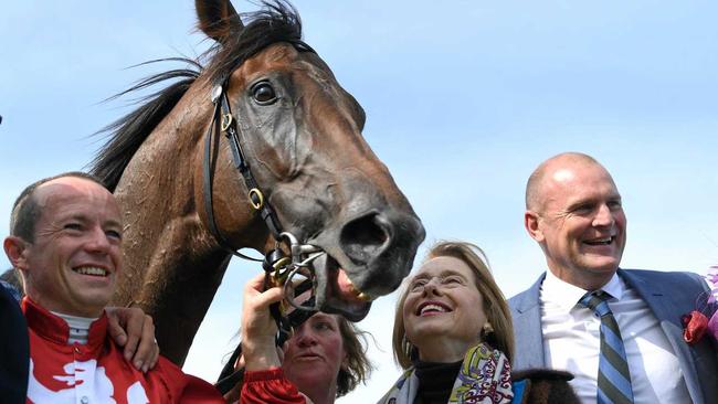 (L-R) Jockey Stephen Baster, strapper Sally-Anne Bourke, trainer Gai Waterhouse and Anthony Mithen are seen after Runaway won the Geelong Cup on October 24. Picture: JULIAN SMITH