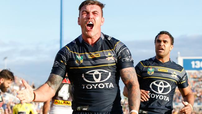 An ecstatic Kyle Feldt after scoring the winning try. (AAP Image/Michael Chambers)