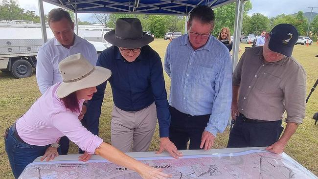 Member for Keppel Brittany Lauga, Acting Premier Steven Miles, Prime Minister Anthony Albanese, Member for Rockhampton Barry O'Rourke and Senator Murray Watt look over plans for the Rockhampton ring road. Picture: Kentos Komms