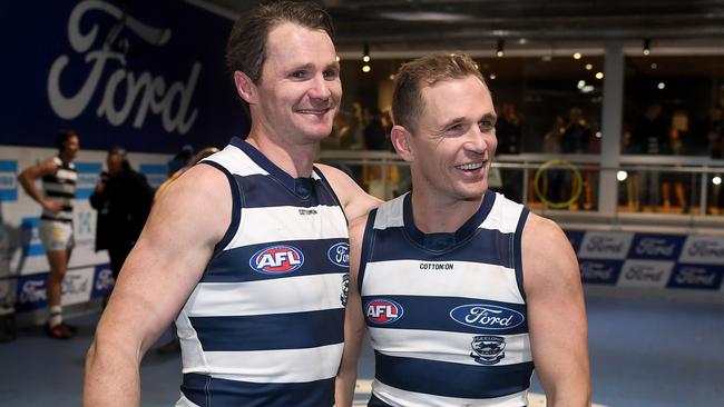 Patrick Dangerfield and Joel Selwood both return for the Cats. Picture: Morgan Hancock/AFL Photos/via Getty Images