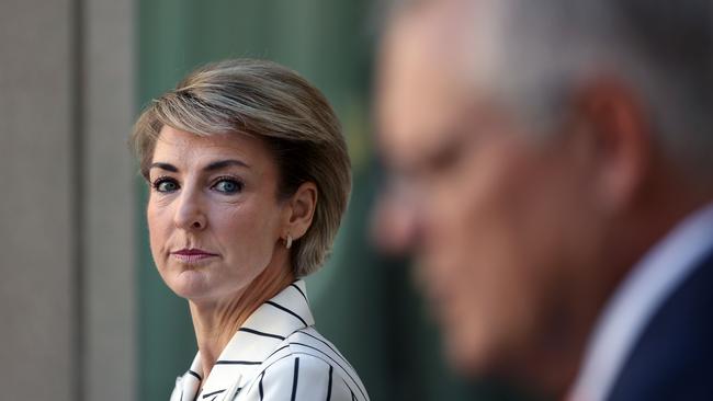 BESTSHOT CANBERRA, AUSTRALIA - NewsWire Photos APRIL, 08, 2021:  Prime Minister Scott Morrison during a press conference with Senator Michaelia Cash, Attorney-General at Parliament House in Canberra.Picture: NCA NewsWire/Gary Ramage