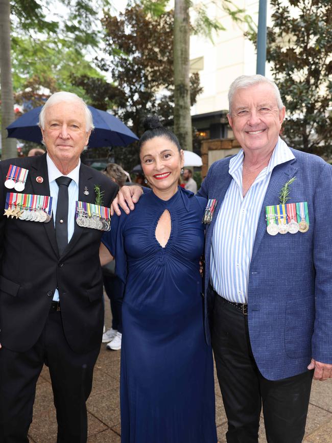Ray Lastelle Michele Dunbar and Dale Tompkins at the Surfers Paradise RSL Anzac Day noon service 2025 at Cavill Park for Gold Coast at Large. Picture, Portia Large.