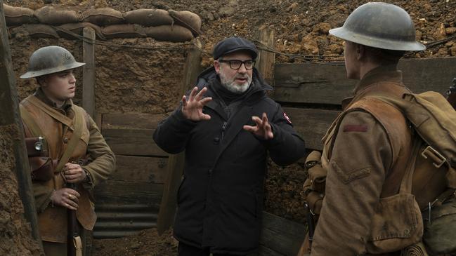 Sam Mendes directs the cast in his Oscar-nominated war film 1917. Picture: AP