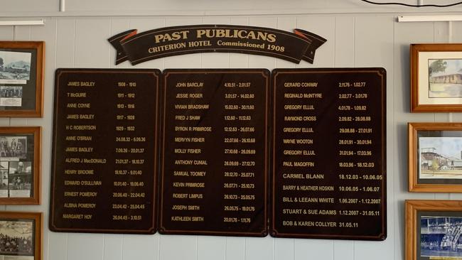 A board showing the names of past publicans at the Criterion Hotel. Picture: Melanie Whiting