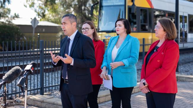 State MP Tom Koutsantonis with Louise Miller-Frost, Jayne Stinson and Catherine King at the Marion Rd-Anzac Highway level crossing on Monday. Picture: Supplied