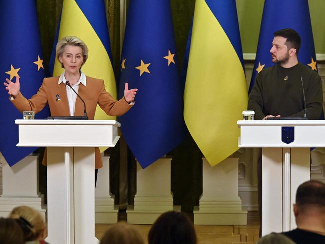 Ukrainian President Volodymyr Zelensky and President of the European Commission Ursula von der Leyen give a joint press conference after talks in Kyiv. Picture: AFP