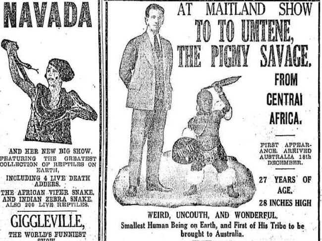 A 1928 Maitland Mercury ad featuring acts from the 'tent show' circuit in NSW and Australia.